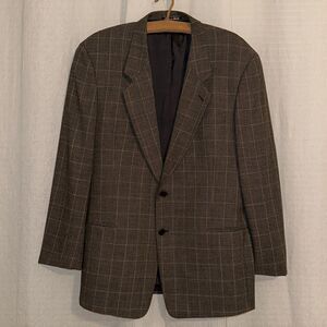 MANI SAKS 44L Brown Plaid Mini Houndstooth Pure Virgin Wool Blazer Jacket